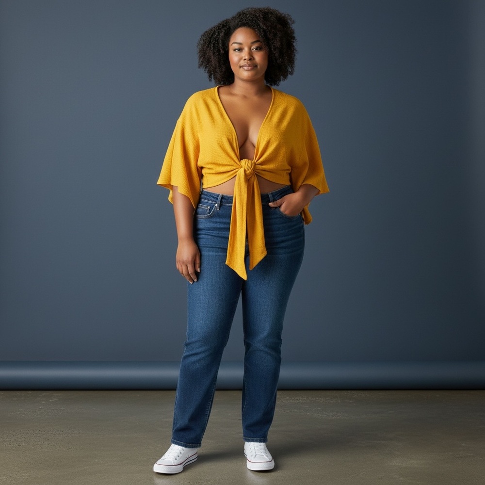 💚 Shein Yellow Tie Crop Top Crepe Shirt | Size L